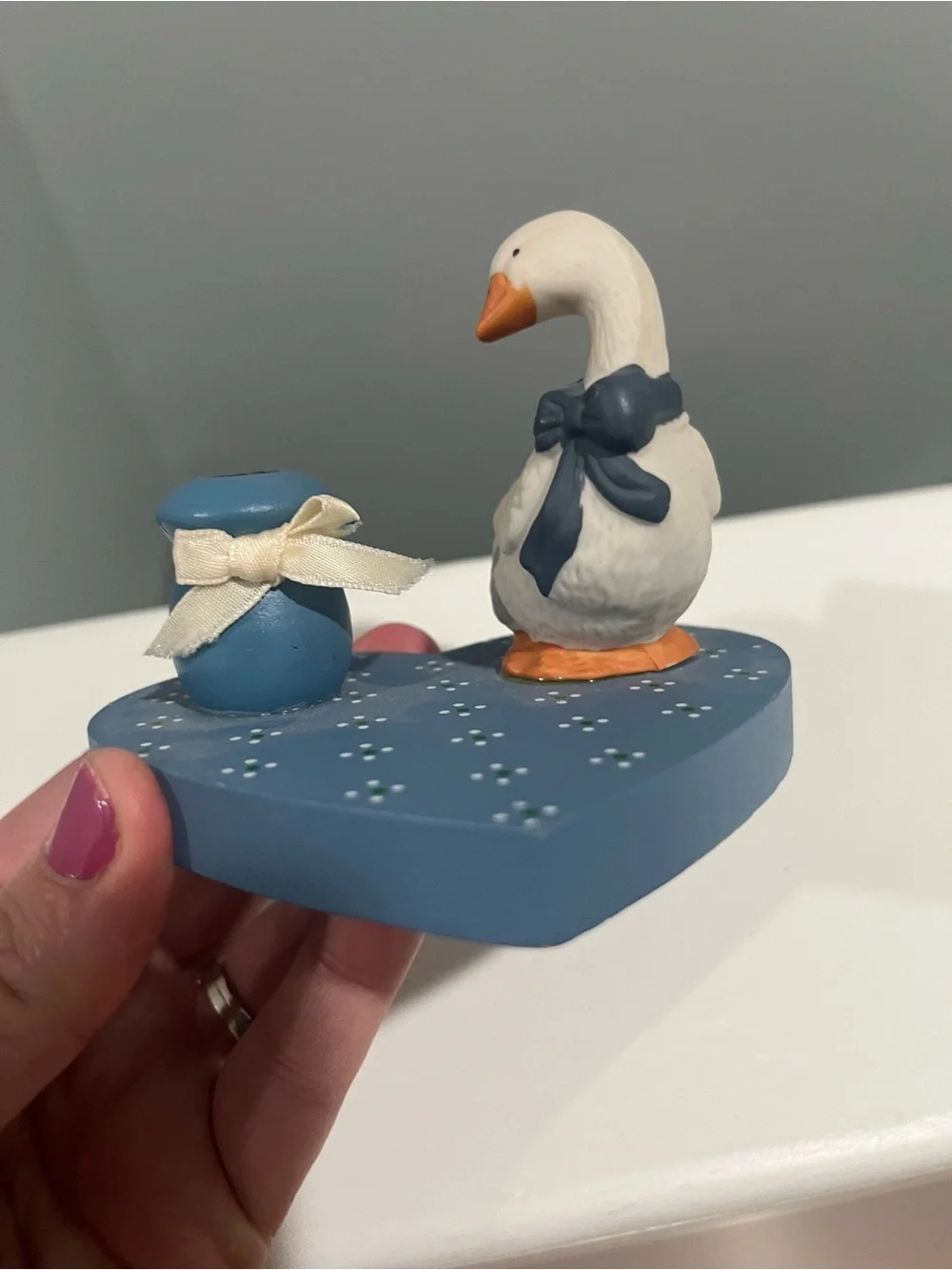 Cottagecore 1988 candle holder goose with bow Blue Heart Duck Figurine with Bow